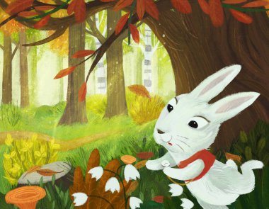 Güneşli bir günde ormanda sihirli görünümlü çayırlık bir çizgi film sahnesi. Çocuklar için tavşan resimli.