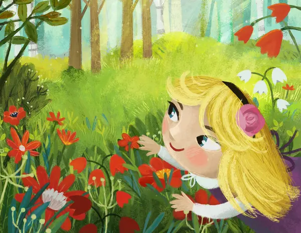 子供のための小さな少女プリンセスのイラストと日当たりの良い日の森で魔法のように見える魔法のシーン — ストック写真