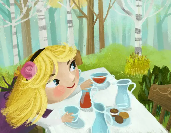 Cartoon Scene Dinner Table Picnic Forest Wacky Party Little Girl — Stock Photo, Image