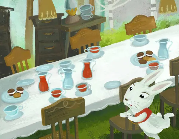 Cartoon Scene Dinner Table Picnic Forest Wacky Party Rabbit Bunny — Stock Photo, Image