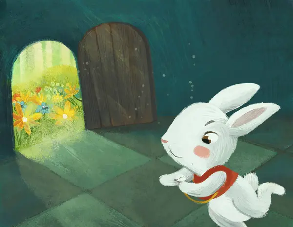 家のようないくつかの城の隠された部屋の漫画のシーンは子供のためのウサギのバニーのイラストが付いているドアを開けます — ストック写真