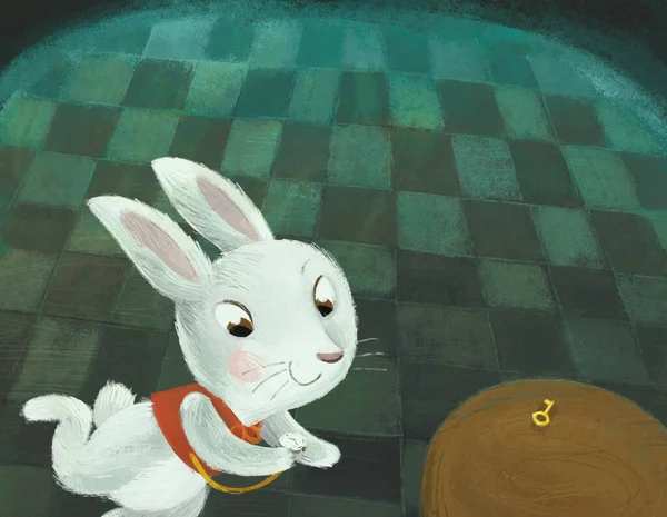 cartoon scene in the hidden room of some castle like house with lots of doors and round table and golden key with rabbit bunny illustration for kids