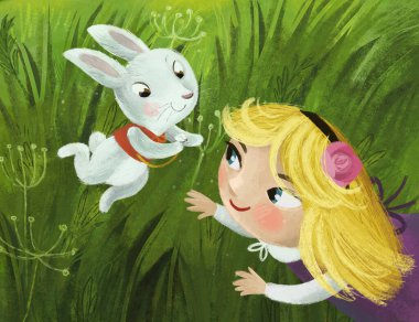 Güneşli bir günde, ormanın içinde sihirli görünümlü çayırlık bir çizgi film sahnesi. Kız çocuğu ve çocuklar için tavşan resimli.
