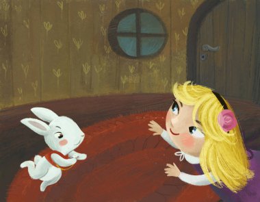 Bir evin gizli odasındaki çizgi film sahnesi. İçinde kız çocuğu ve çocuklar için tavşan resmi olan ev gibi.