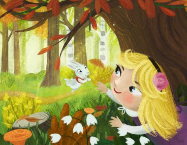 Güneşli bir günde, ormanın içinde sihirli görünümlü çayırlık bir çizgi film sahnesi. Kız çocuğu ve çocuklar için tavşan resimli.