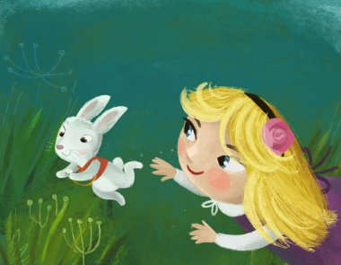 Güneşli bir günde, ormanın içinde sihirli görünümlü çayırlık bir çizgi film sahnesi. Kız çocuğu ve çocuklar için tavşan resimli.