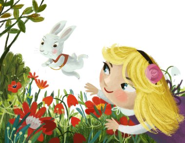 Güneşli bir günde, ormanın içinde sihirli görünümlü çayırlık bir çizgi film sahnesi. Kız çocuğu ve çocuklar için tavşan resimli.