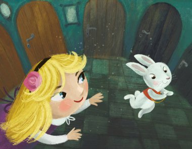 Bir şatonun gizli odasında çizgi film sahnesi. İçinde kız çocuğu ve çocuklar için tavşan resmi olan bir sürü kapısı olan bir ev.