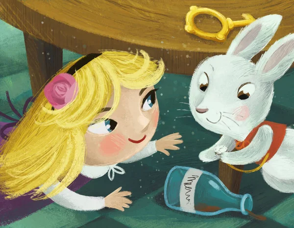 cartoon scene in the hidden room of some castle like house with lots of doors and round table and golden key with girl child and rabbit bunny illustration for kids
