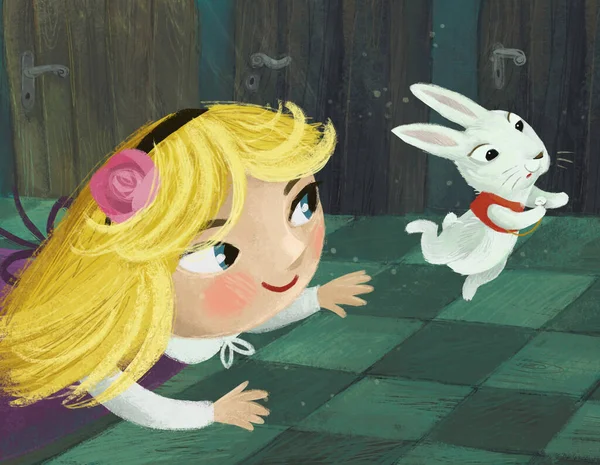 cartoon scene in the hidden room of some castle like house with lots of doors with girl child and rabbit bunny illustration for kids