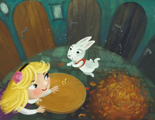 cartoon scene in the hidden room of some castle like house with lots of doors and round table and autumn leafs with girl child and rabbit bunny illustration for kids
