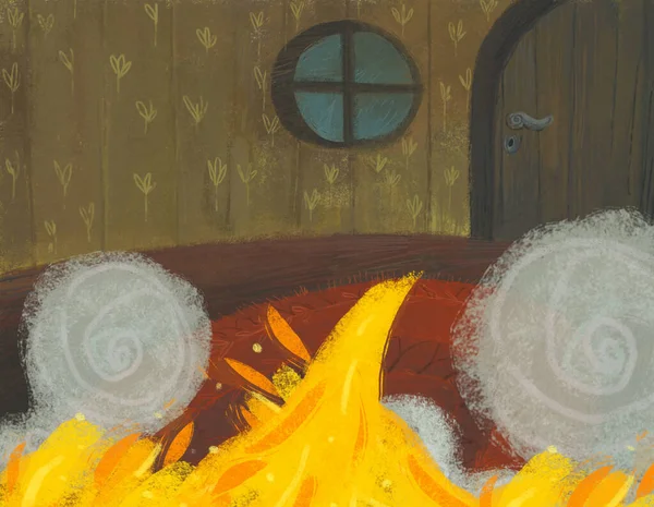 子供のための多くのドアのイラストが付いている家ののような居心地の良い家の隠された部屋の火が付いている漫画のシーン — ストック写真