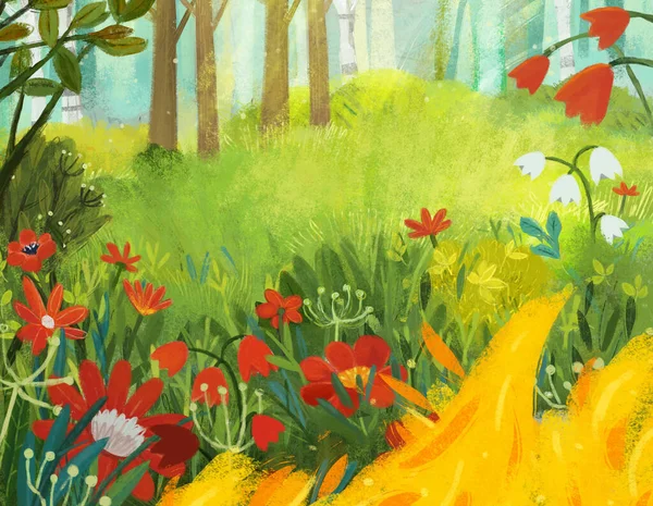 cartoon scene with fire with magicaly looking meadow in the forest in sunny day illustration for kids