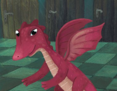 Bir kalenin gizli odasında ejderha kertenkelesi olan bir çizgi film sahnesi. Çocuklar için bir sürü kapısı olan bir ev gibi.