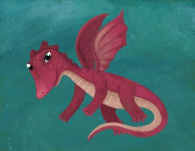 Mavi gökyüzü ile ejderha kertenkelesi ile çizgi film sahnesi Çocuklar için rüzgar darbeleri çizimleri ile arka plan gibi