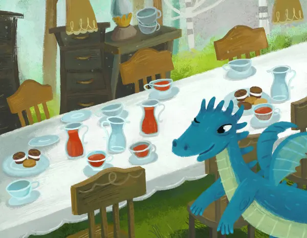 Cartoon Scene Dragon Lizard Dinner Table Picnic Forest Wacky Party — Stock Photo, Image