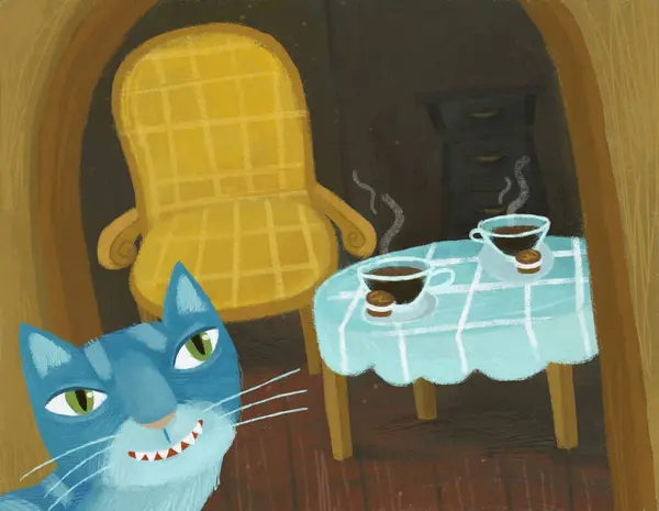 Escena Dibujos Animados Con Gato Mágico Habitación Oculta Una Casa — Foto de Stock