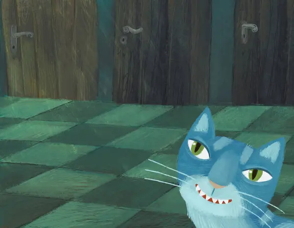 Kreslená Scéna Magickou Kočkou Skryté Místnosti Nějakého Hradu Jako Dům — Stock fotografie