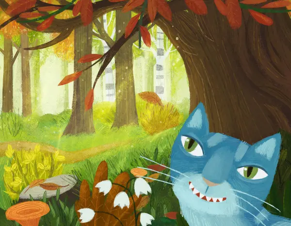 Cartoon Szene Mit Magischer Katze Mit Magisch Anmutender Wiese Wald — Stockfoto