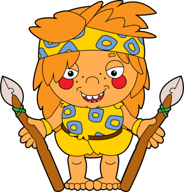 Çocuklar için resimlerle izole edilmiş mağara adamıyla karikatür sahnesi.