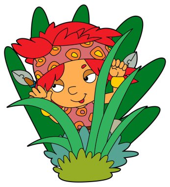 Çocuklar için resimlerle izole edilmiş mağara adamıyla karikatür sahnesi.