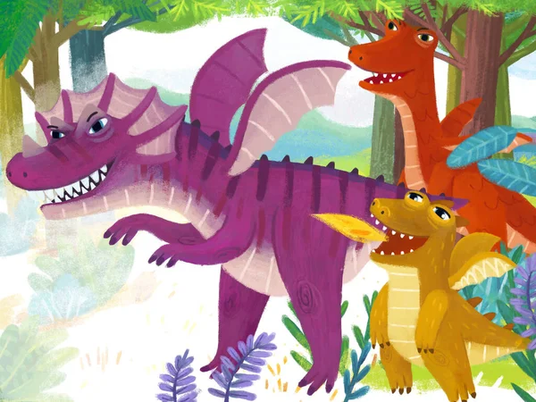 Escena Dibujos Animados Con Diferentes Dinosaurios Sonrientes Dinosaurios Selva Primitiva —  Fotos de Stock