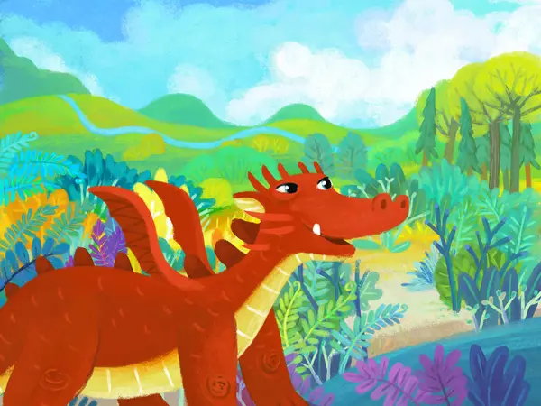 子供のためのドラゴン恐竜動物園風景イラストと森林ジャングルメドウ野生生物との漫画シーン — ストック写真