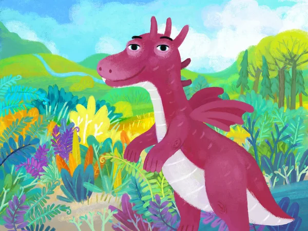 cartoon scene with forest jungle meadow wildlife with dragon dino dinosaur animal zoo scenery illustration for kids