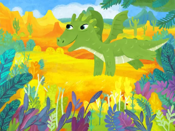 Escena Dibujos Animados Con Bosque Selva Pradera Fauna Con Dragón —  Fotos de Stock