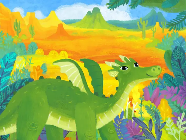 cartoon scene with forest jungle meadow wildlife with dragon dino dinosaur animal zoo scenery illustration for kids