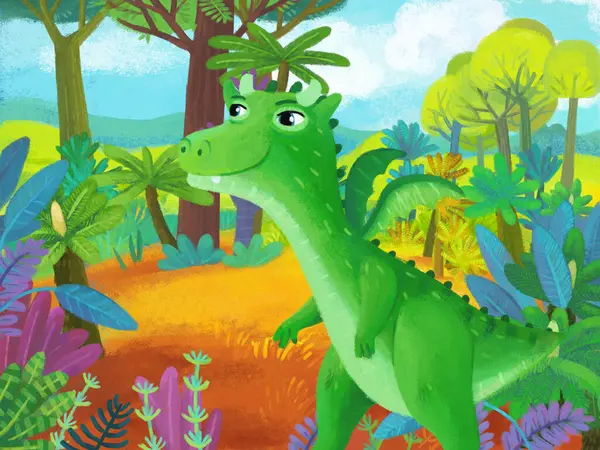 子供のためのドラゴン恐竜動物園風景イラストと森林ジャングルメドウ野生生物との漫画シーン — ストック写真
