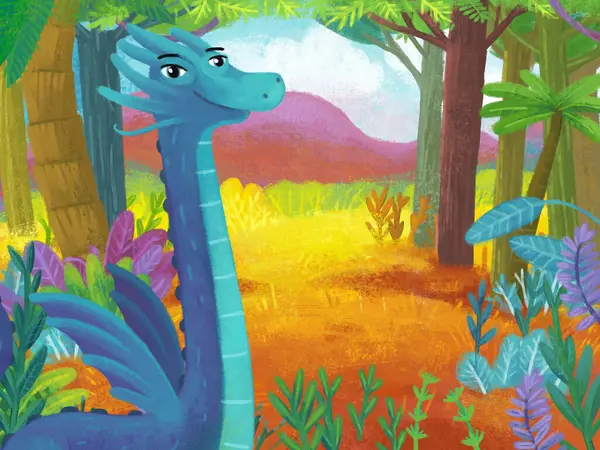 Escena Dibujos Animados Con Bosque Selva Pradera Fauna Con Dragón —  Fotos de Stock