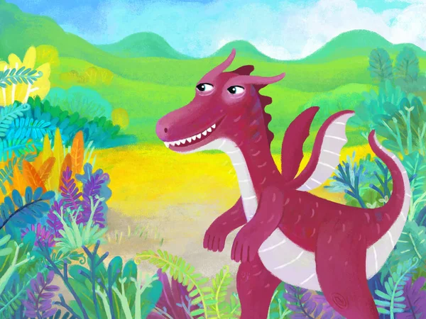 Kreslený Scéna Lesní Džungle Louka Volně Žijící Zvěř Drakem Dinosaurus — Stock fotografie