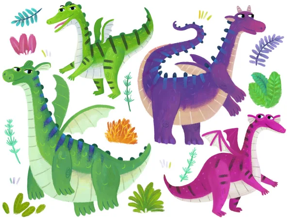 森林ジャングルメドウで漫画のシーンは ドラゴン恐竜動物園の動物園の風景を子供のための白い背景のイラストに要素 — ストック写真