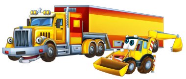 Ağır kargo kamyonu ve kazıcı işçilerinin birlikte konuştuğu çizgi film sahnesi çocuklar için mutlu bir illüstrasyondur.