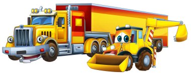 Ağır kargo kamyonu ve kazıcı işçilerinin birlikte konuştuğu çizgi film sahnesi çocuklar için mutlu bir illüstrasyondur.