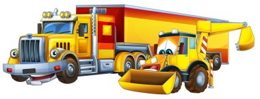 Ağır kargo kamyonu ve kazıcı işçilerinin birlikte konuştuğu çizgi film sahnesi çocuklar için mutlu bir illüstrasyondur.