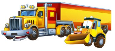 Ağır kargo kamyonu ve kazıcı işçilerinin birlikte konuştuğu çizgi film sahnesi çocuklar için mutlu bir illüstrasyondur.