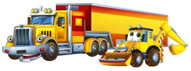 Ağır kargo kamyonu ve kazıcı işçilerinin birlikte konuştuğu çizgi film sahnesi çocuklar için mutlu bir illüstrasyondur.