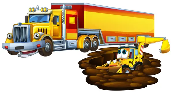 Cartoon Scene Heavy Cargo Truck Excavator Digger Workers Talking Togehter — Stock Photo, Image