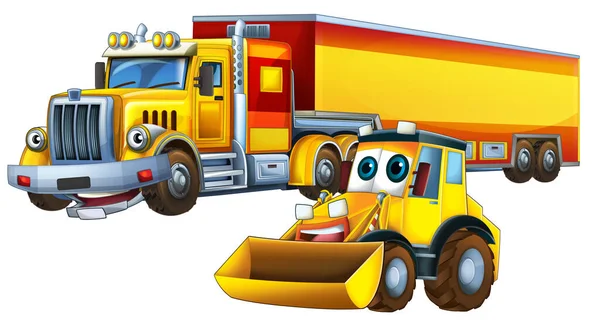 cartoon scene with heavy cargo truck and excavator digger workers talking togehter being happy illustration for kids