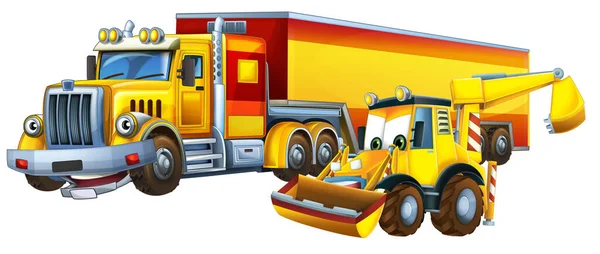 Cartoon Scene Met Zware Lading Vrachtwagen Graafmachine Graver Graver Werknemers — Stockfoto