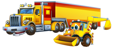 Ağır kargo kamyonu ve kazıcı işçilerinin birlikte konuştuğu çizgi film sahnesi çocuklar için mutlu bir illüstrasyondur.