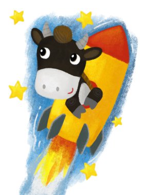 Mutlu bir boğa ineği ile çizgi film sahnesi aya uçuyor ve çocuklar için yıldız resimlerine bakıyor.