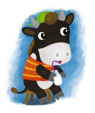 Mutlu çiftçi inek çiftliği boğasıyla çizgi film sahnesi. Kot pantolonlu ve çocuklar için süt resimlerini içiyor.