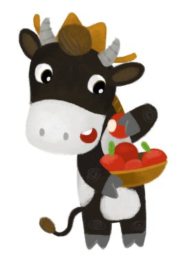 Mutlu çiftçi inek çiftliğinin olduğu çizgi film sahnesi çocuklar için elma resimleriyle dolu sepeti tutuyor.