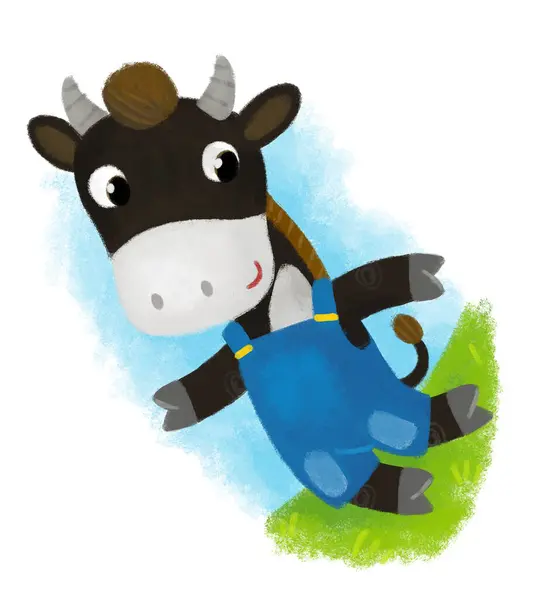 Escena Dibujos Animados Con Granja Feliz Vaca Toro Corriendo Dungarees — Foto de Stock