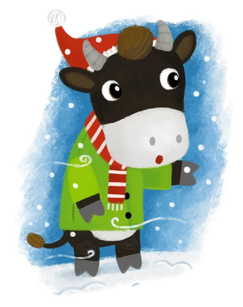 卡通片 在雪地上放着快乐的小母牛 为孩子们在冬日的图画里玩乐 — 图库照片