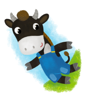 Mutlu çiftçi inek ineğinin çocuklar için çayırlarda koşuşturduğu karikatür sahnesi.