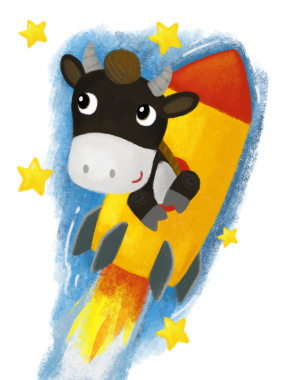 Mutlu bir boğa ineği ile çizgi film sahnesi aya uçuyor ve çocuklar için yıldız resimlerine bakıyor.